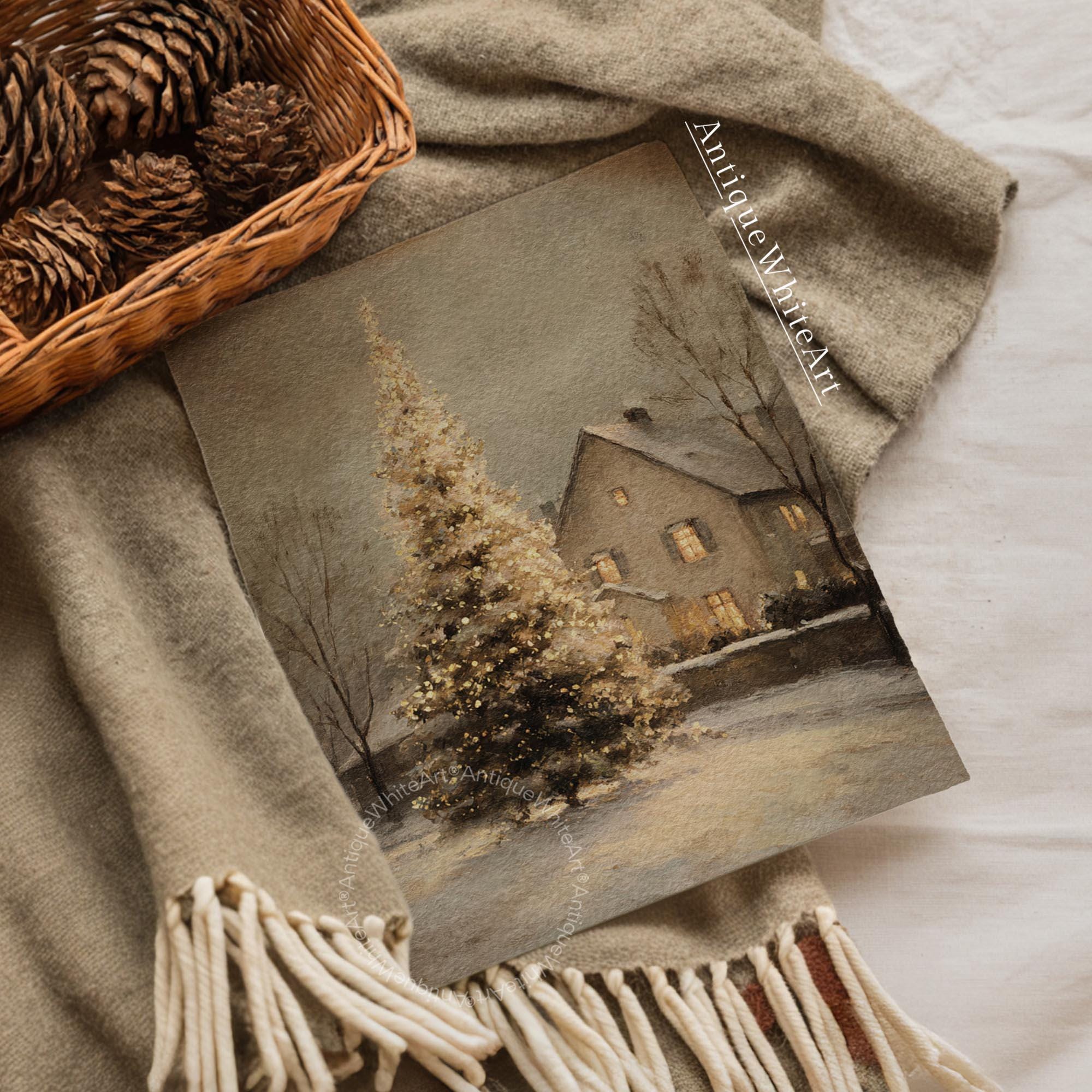 Vintage Style Christmas Tree Painting: Snowy Winter Scene Art ( ) W175 Print Wall