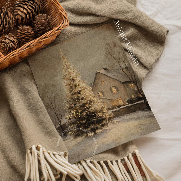 Vintage Style Christmas Tree Painting: Snowy Winter Scene Art ( ) W175 Print Wall