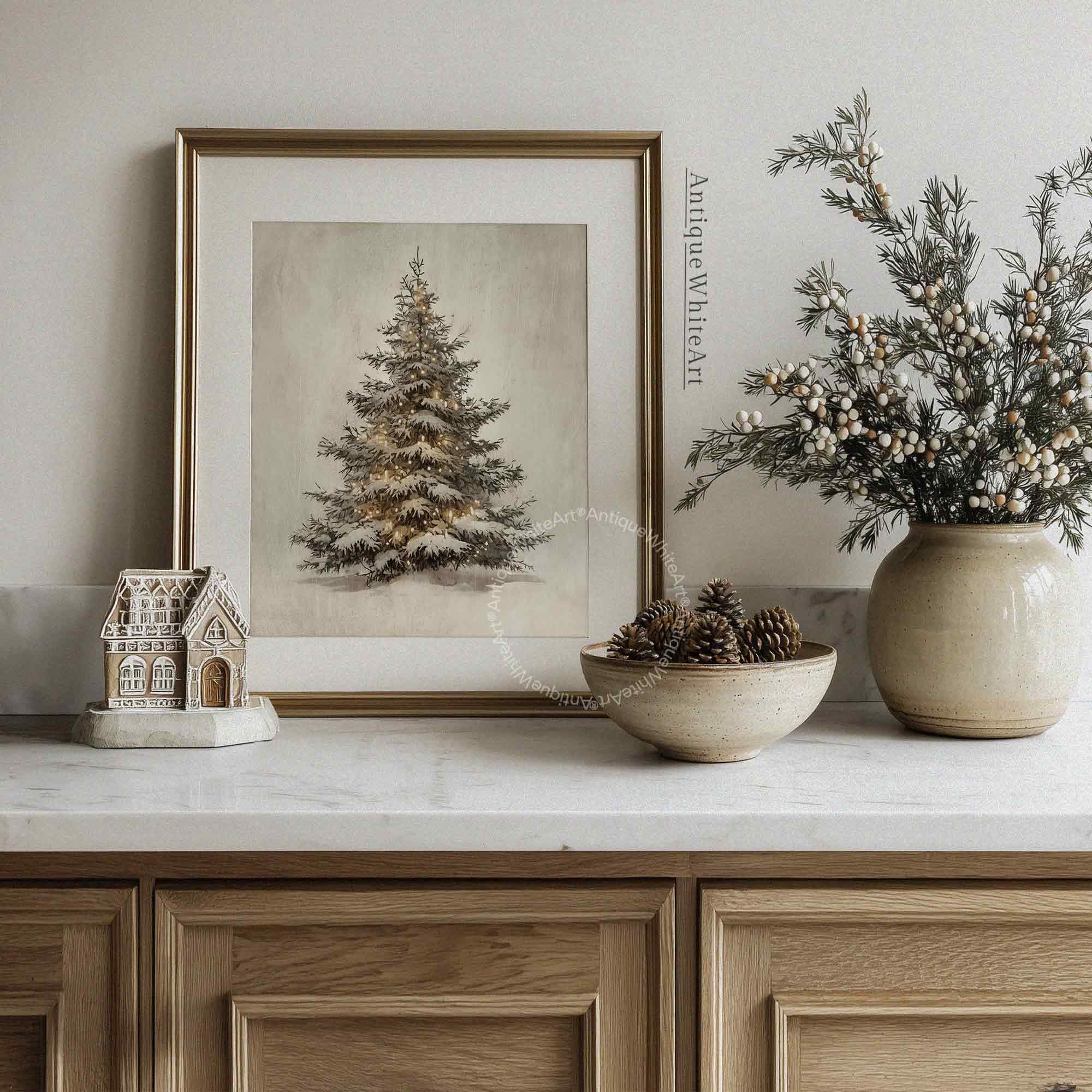 Vintage Style Christmas Tree Painting: Rustic Winter Wall Art ( Print) W171 Print
