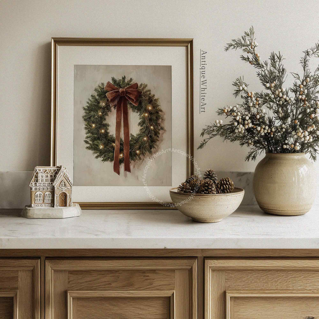 Vintage Style Christmas Wreath Painting: Rustic Holiday Wall Art ( ) W143 Print