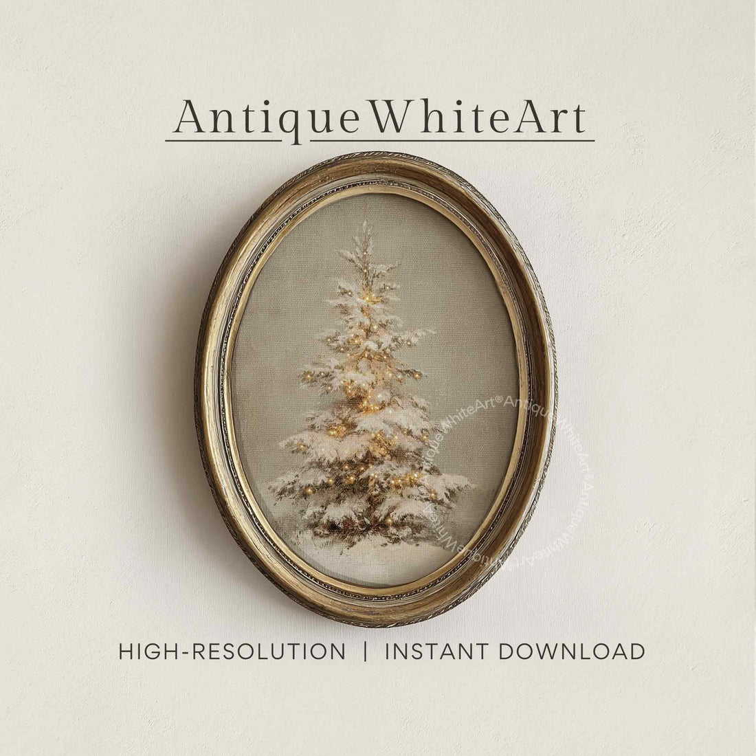 Vintage Style Christmas Tree Print: Snowy Evergreen Twinkle Lights ( ) W170 Print Wall Art