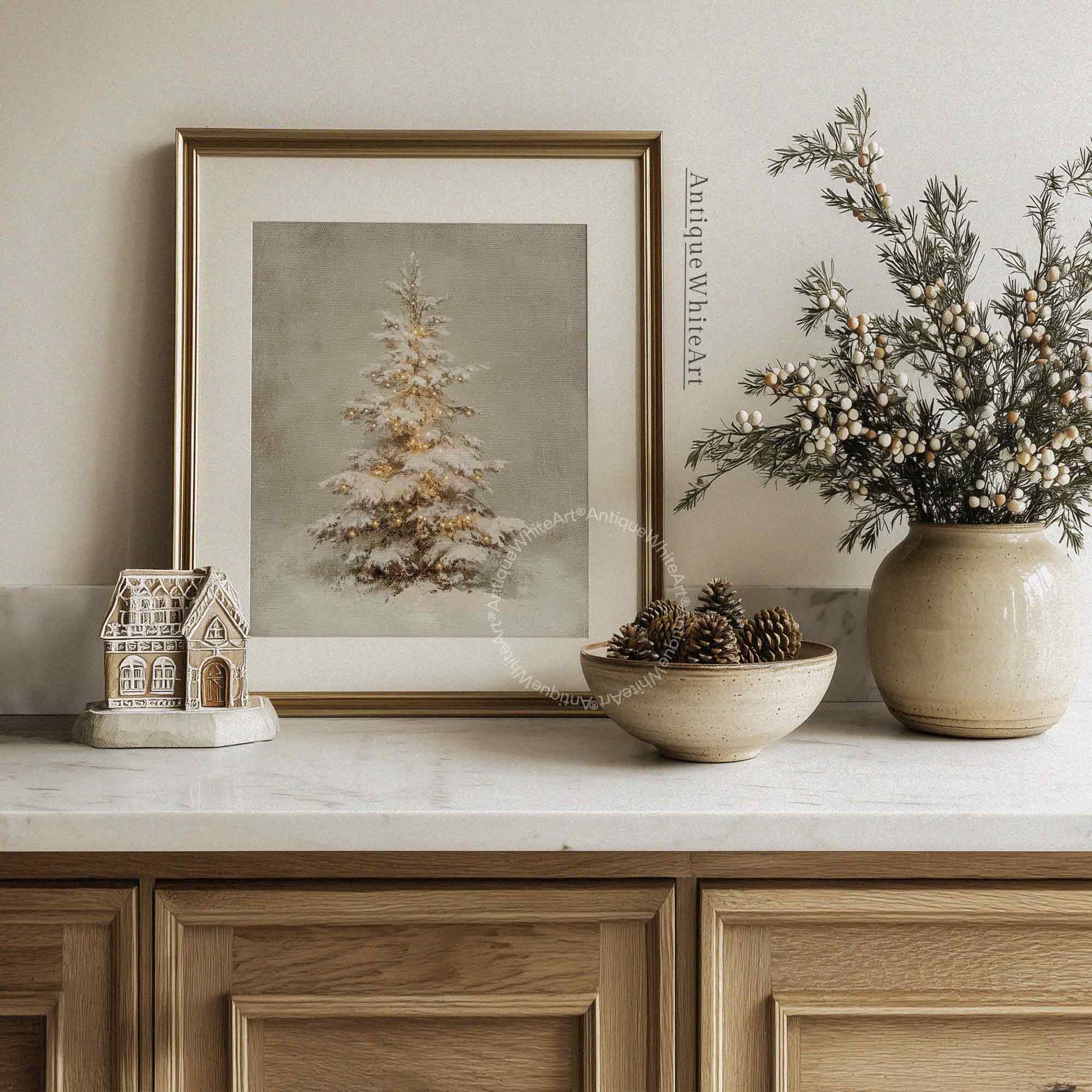 Vintage Style Christmas Tree Print: Snowy Evergreen Twinkle Lights ( ) W170 Print Wall Art