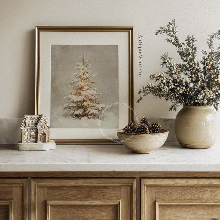 Vintage Style Christmas Tree Print: Snowy Evergreen Twinkle Lights ( ) W170 Print Wall Art