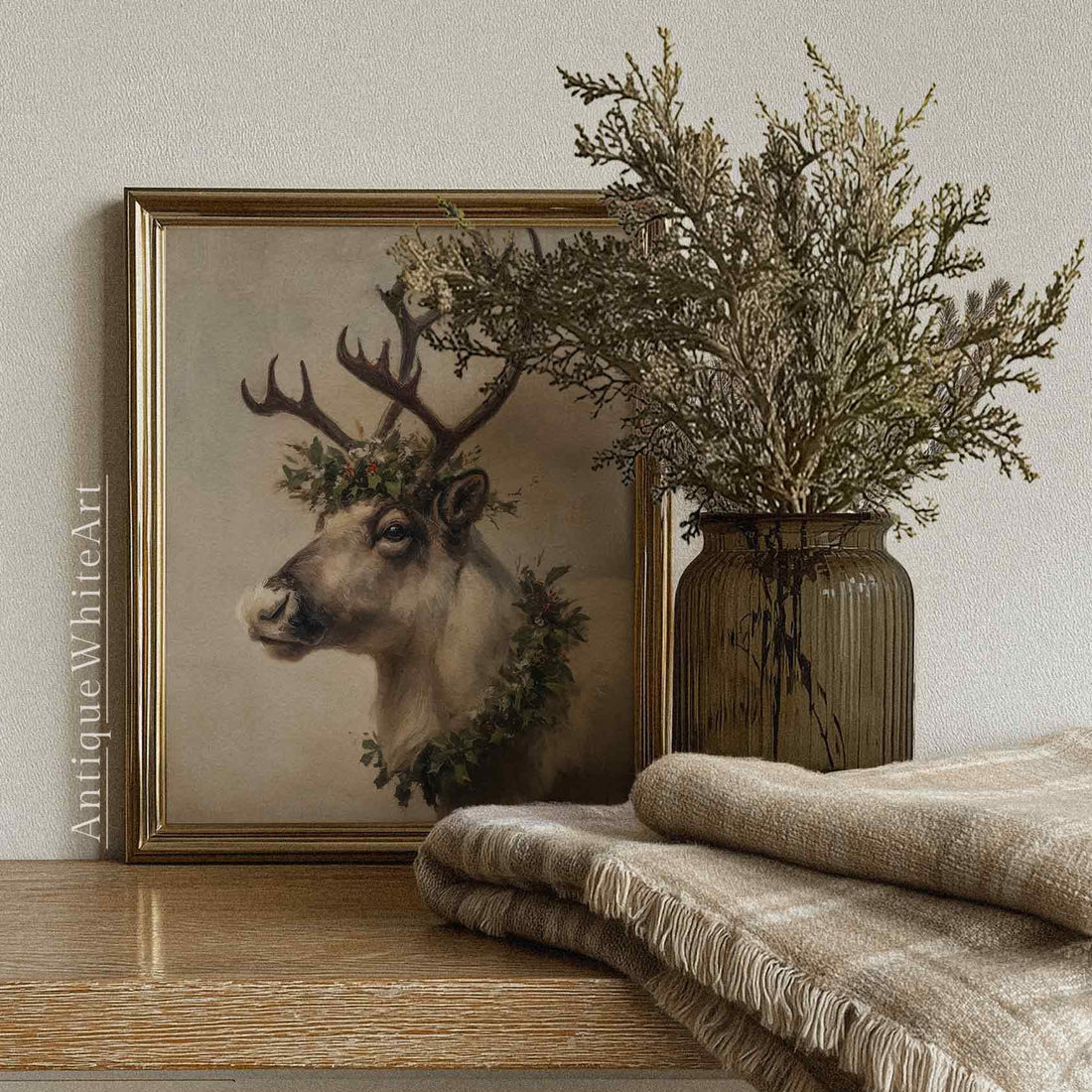 Vintage Style Reindeer Painting: Christmas Wall Art ( ) W172 Print