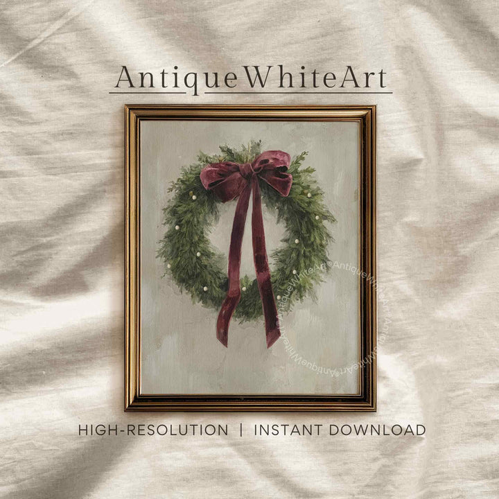 Vintage Style Christmas Wreath Art Print: Evergreen Velvet Bow ( ) W166 Print Wall