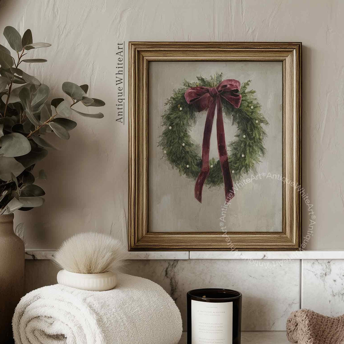 Vintage Style Christmas Wreath Art Print: Evergreen Velvet Bow ( ) W166 Print Wall