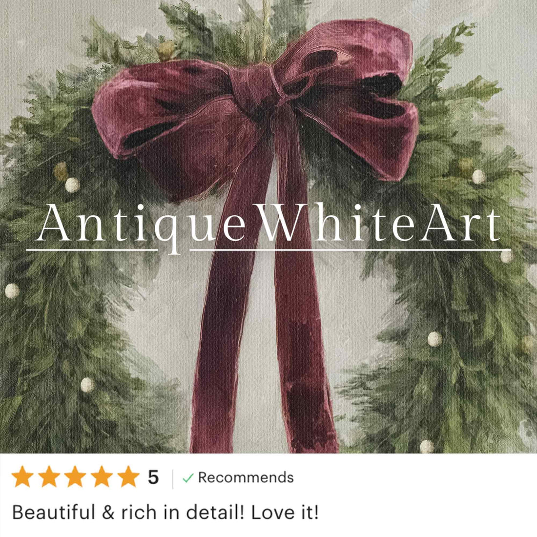 Vintage Style Christmas Wreath Art Print: Evergreen Velvet Bow ( ) W166 Print Wall