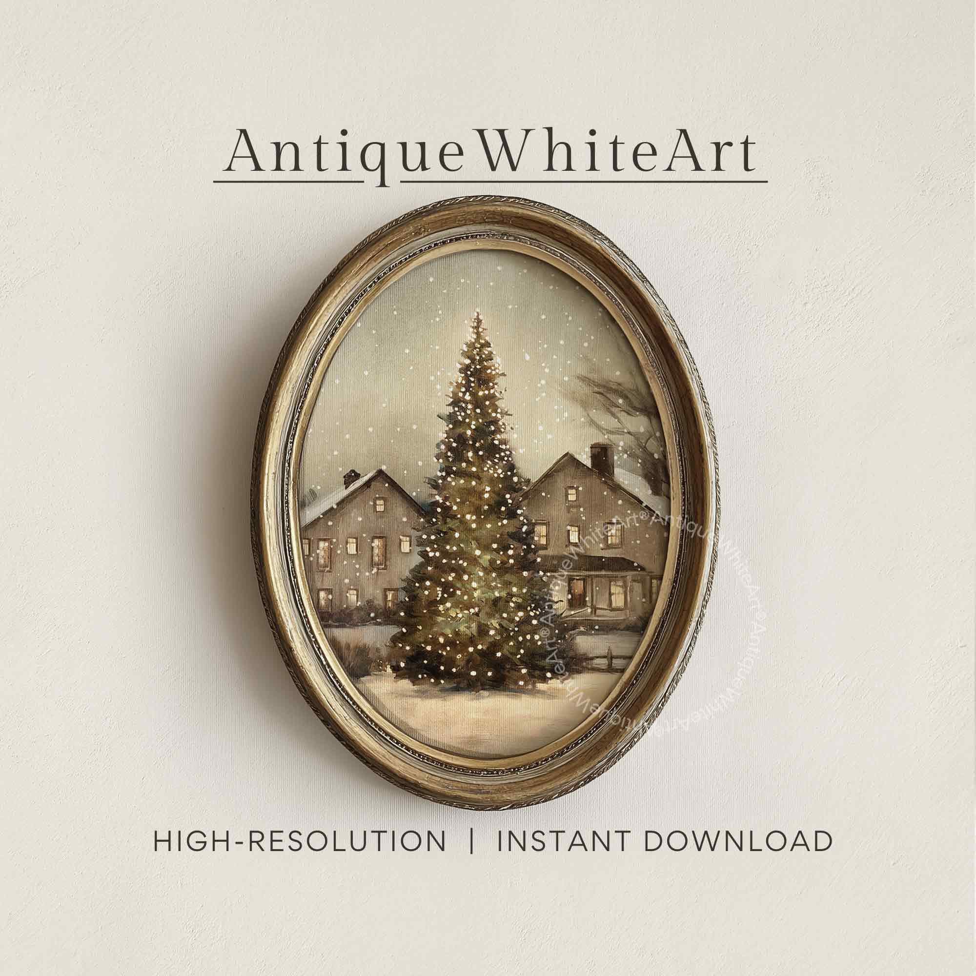 Vintage Style Christmas Tree Painting: Rustic Winter Scene Art ( Print) W177 Print Wall