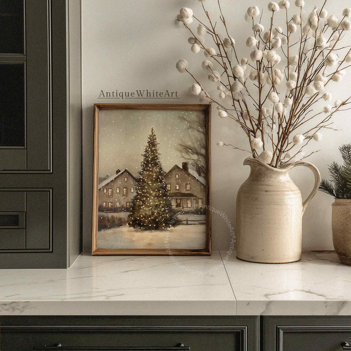 Vintage Style Christmas Tree Painting: Rustic Winter Scene Art ( Print) W177 Print Wall