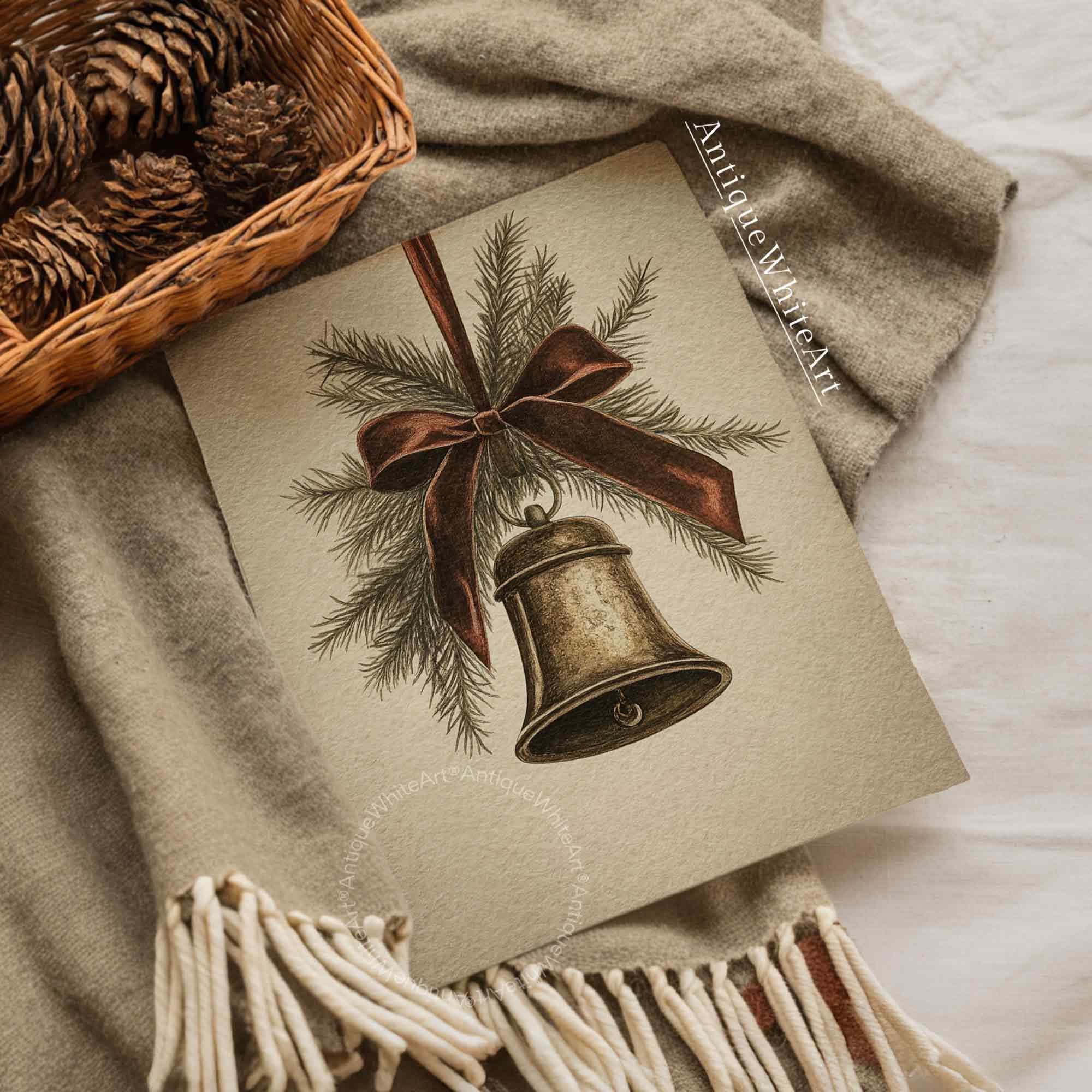 Vintage Style Christmas Bell Drawing: Rustic Holiday Print ( ) W176 Wall Art
