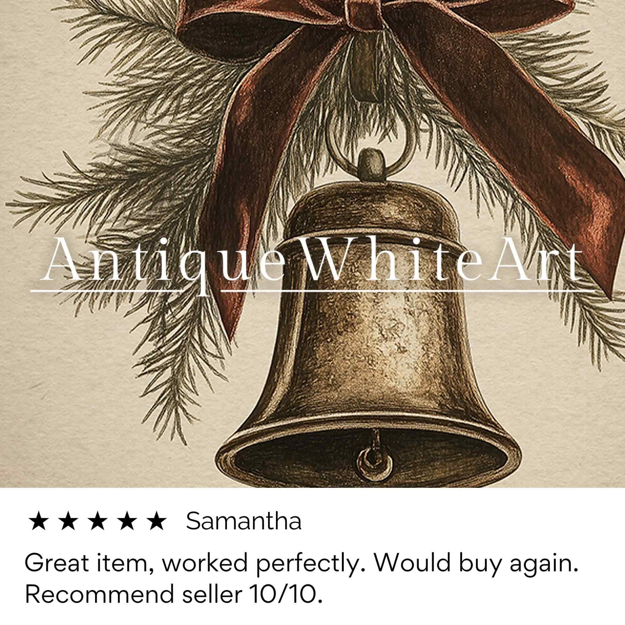 Vintage Style Christmas Bell Drawing: Rustic Holiday Print ( ) W176 Wall Art