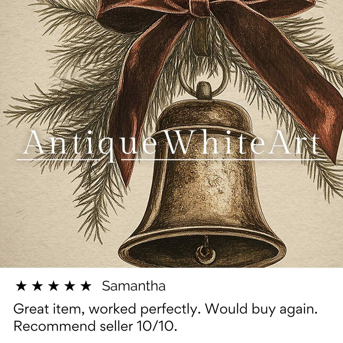 Vintage Style Christmas Bell Drawing: Rustic Holiday Print ( ) W176 Wall Art