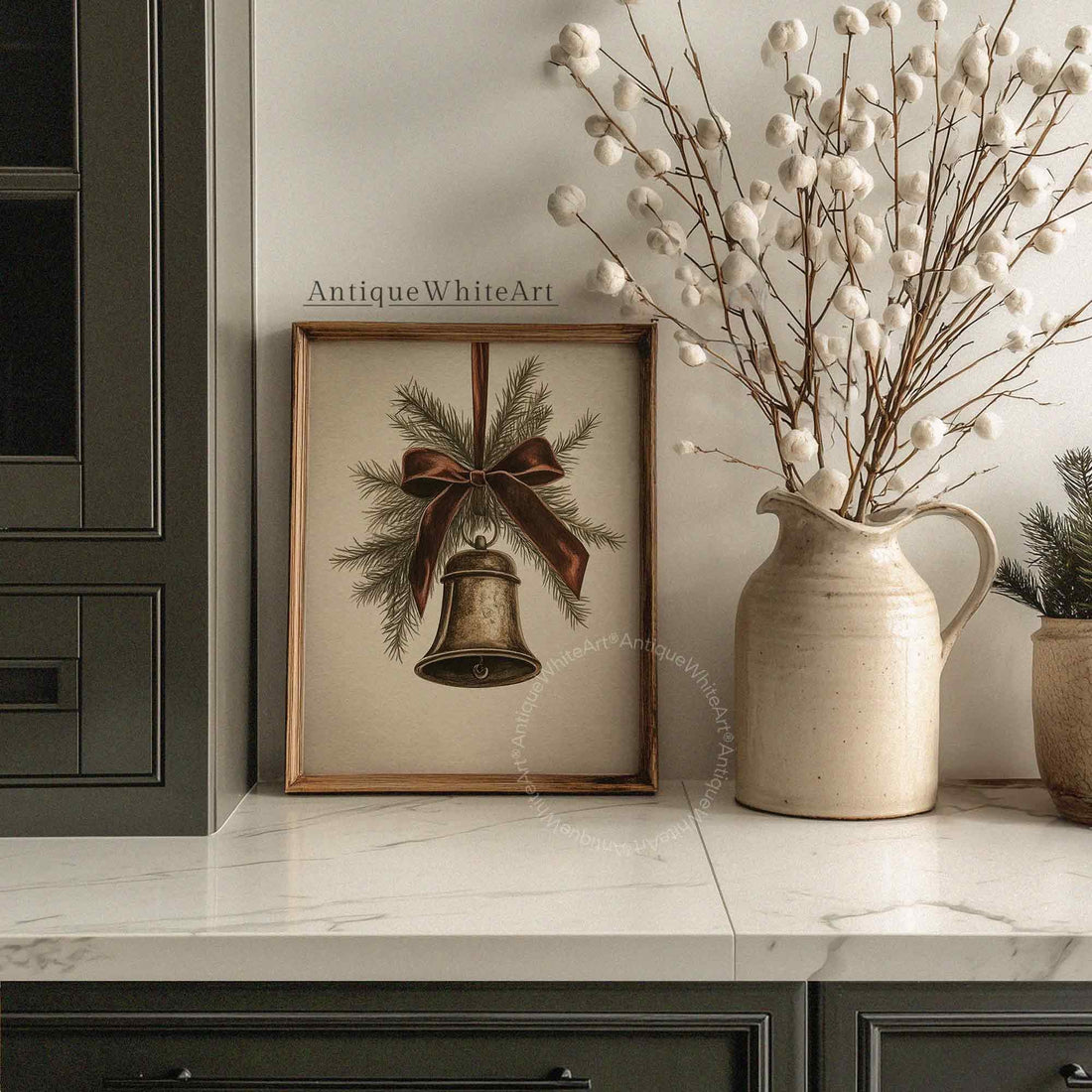 Vintage Style Christmas Bell Drawing: Rustic Holiday Print ( ) W176 Wall Art