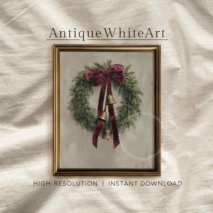 Christmas Wreath With Bells Neutral Holiday Wall Art Rustic Decor ( ) W169 Print
