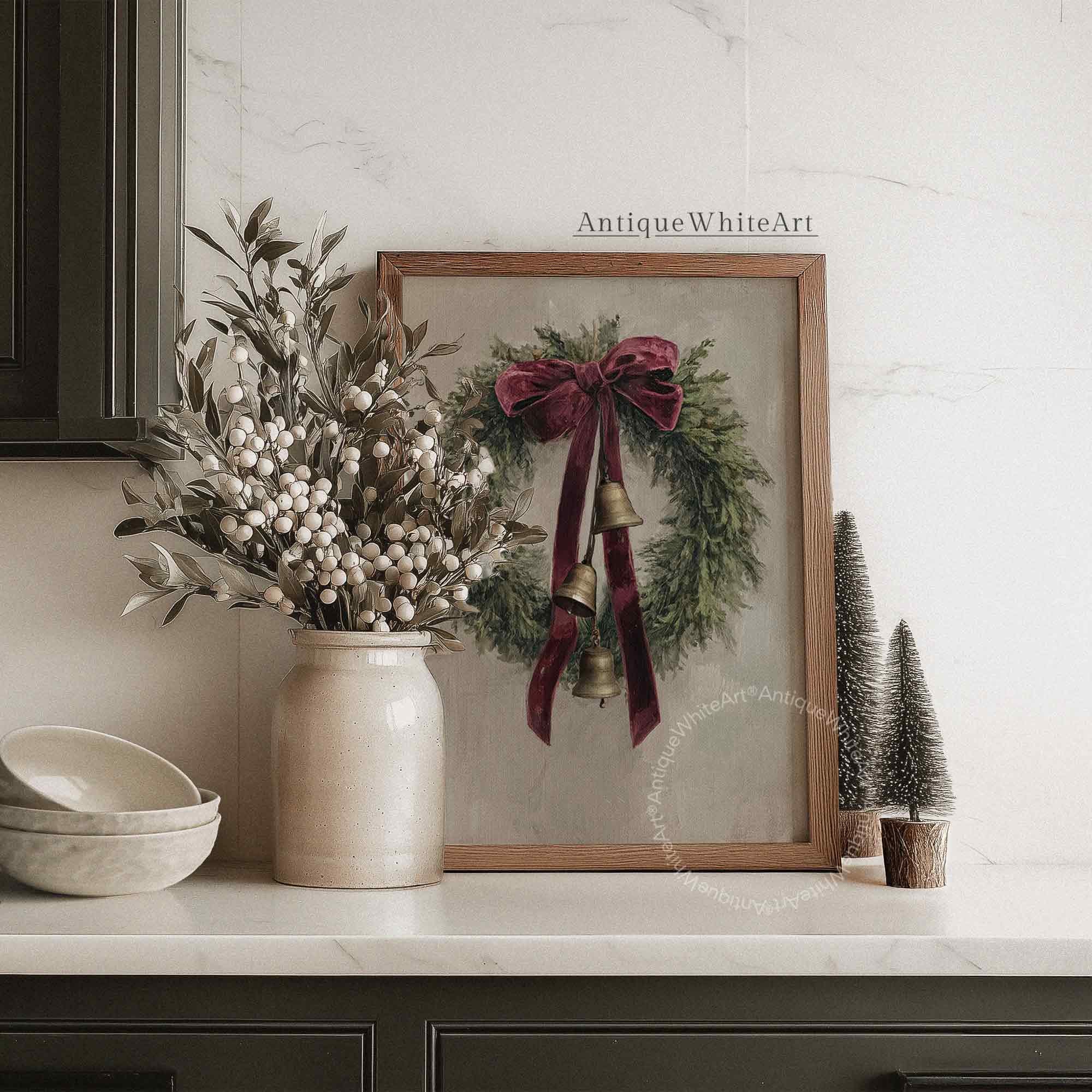 Christmas Wreath With Bells Neutral Holiday Wall Art Rustic Decor ( ) W169 Print