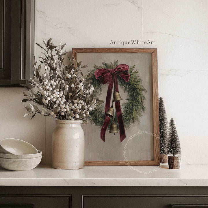 Christmas Wreath With Bells Neutral Holiday Wall Art Rustic Decor ( ) W169 Print
