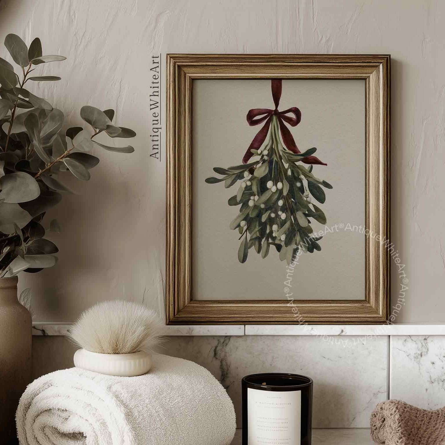 Mistletoe Christmas Print: Vintage Style Holiday Wall Art ( ) W164 Print