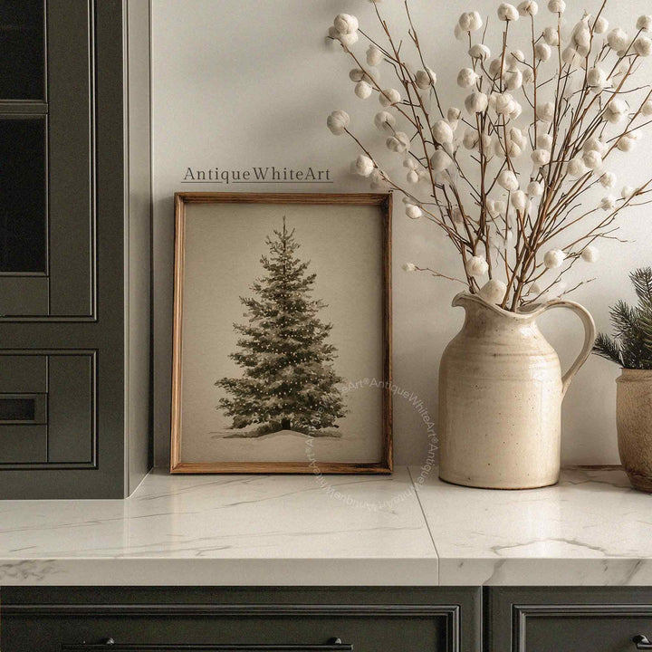 Vintage Style Christmas Tree Watercolor Painting: Snowy Evergreen Neutral Winter Decor ( ) W162 Print Wall Art