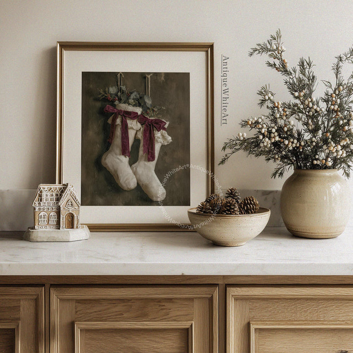Vintage Style Christmas Stocking Art Print: Rustic Holiday Wall Decor W185 Print