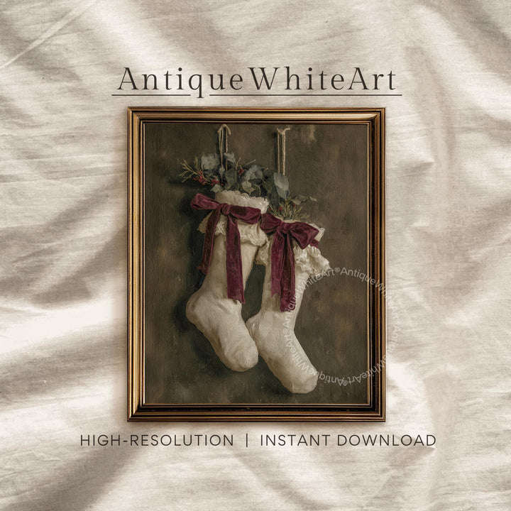 Vintage Style Christmas Stocking Art Print: Rustic Holiday Wall Decor W185 Print