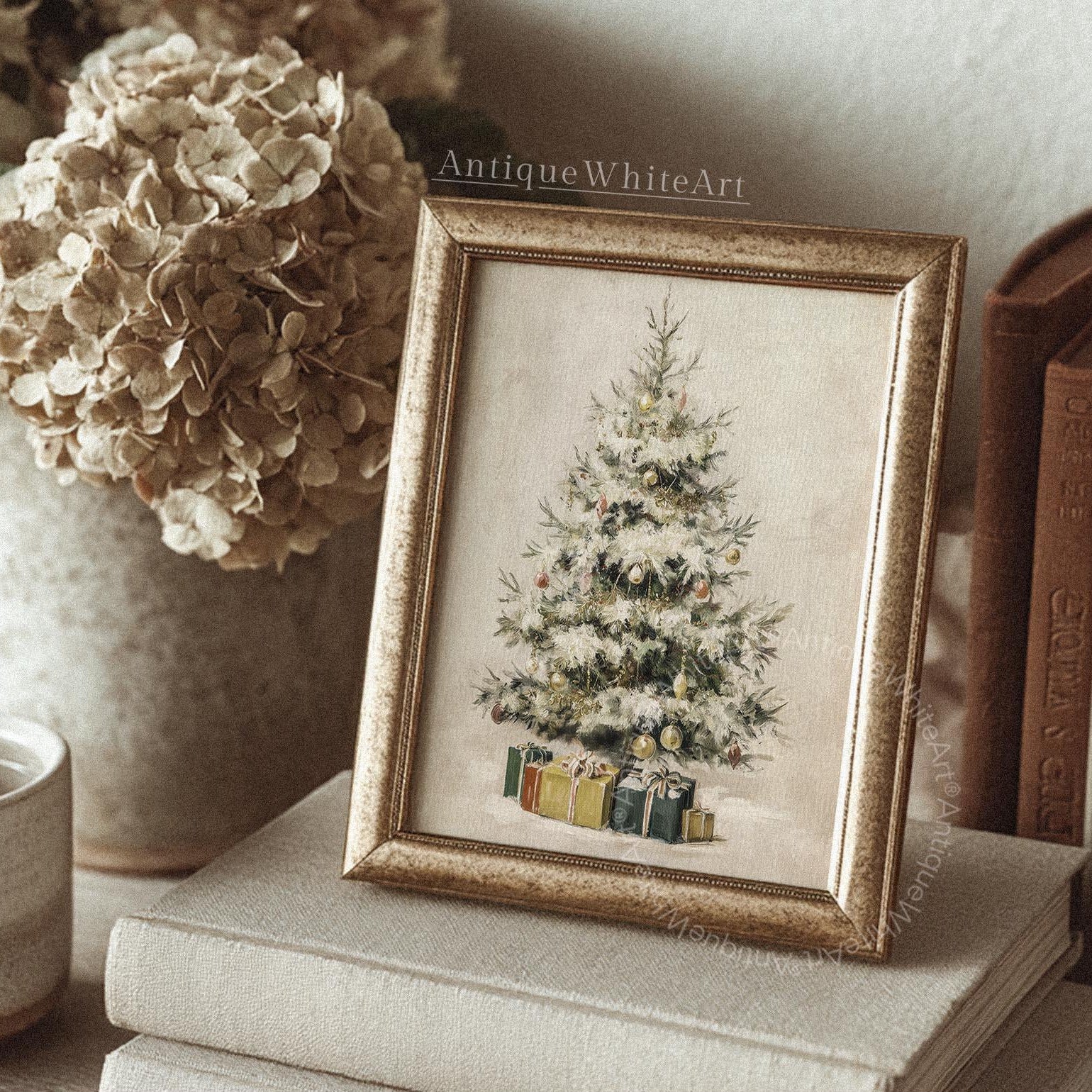 Vintage Style Christmas Tree Painting: Neutral Holiday Wall Art ( ) W182 Print