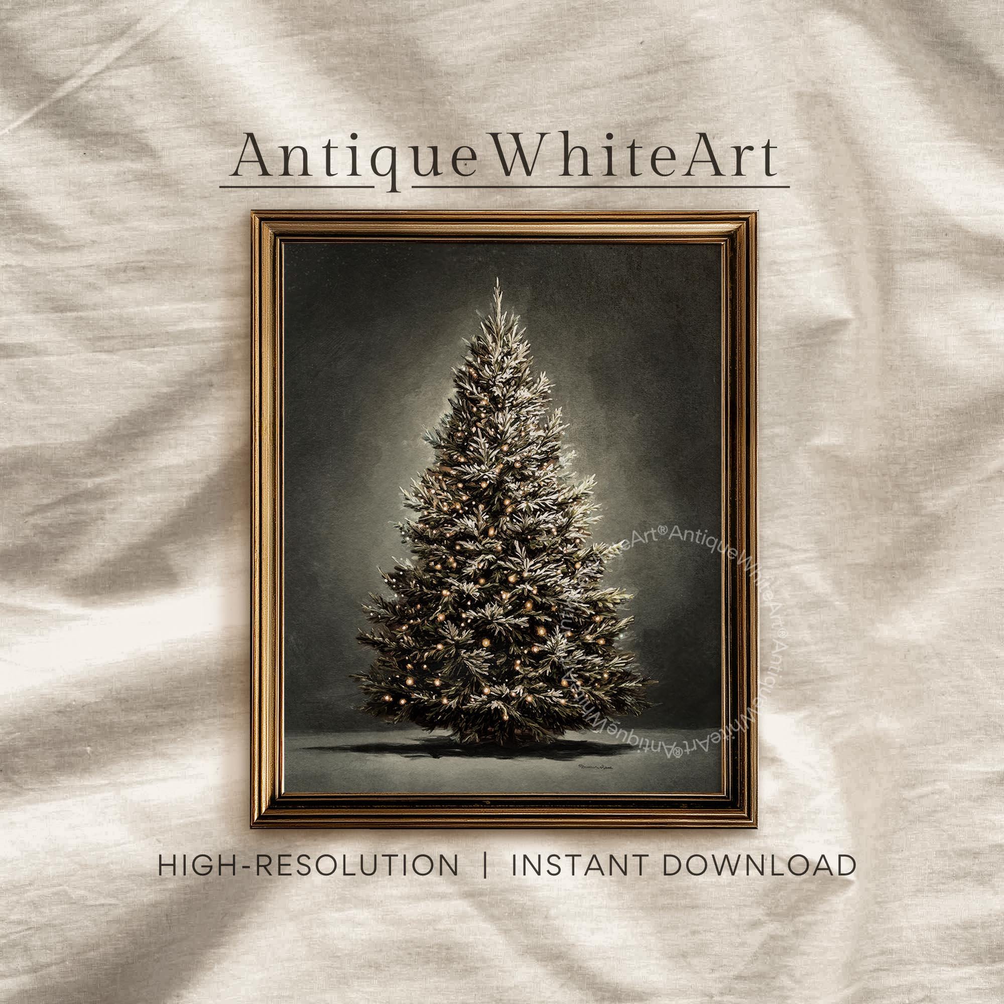 Christmas Tree Painting Vintage Style Dark Academia Holiday Print Moody Winter Wall Art W180