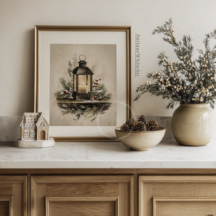 Vintage Style Christmas Lantern Botanical Print: Farmhouse Holiday Decor ( ) W179 Print Wall Art