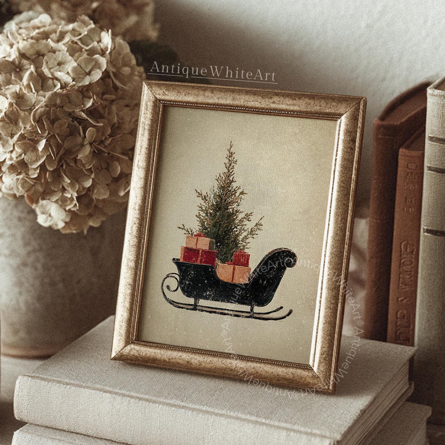Vintage Style Christmas Sleigh Print: Holiday Wall Art ( ) W181 Print