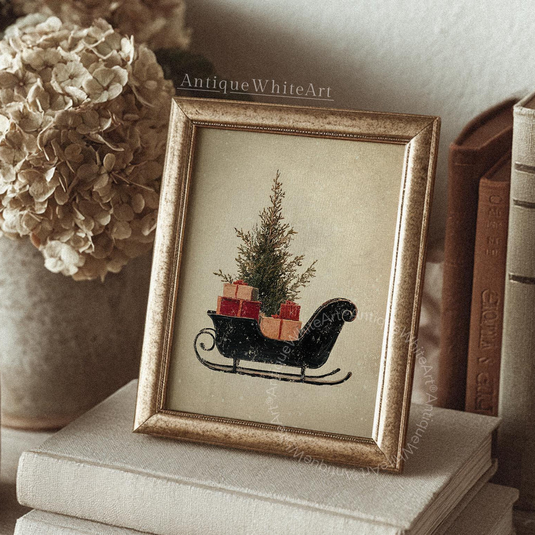 Vintage Style Christmas Sleigh Print: Holiday Wall Art ( ) W181 Print