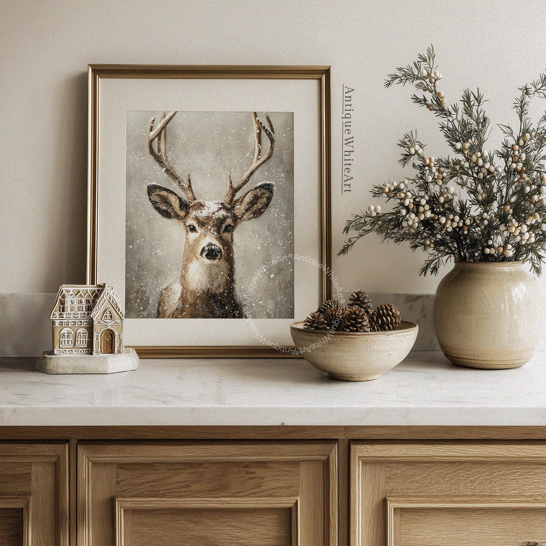 Vintage Style Winter Deer Portrait: Neutral Farmhouse Christmas Art ( ) W186 Print Wall