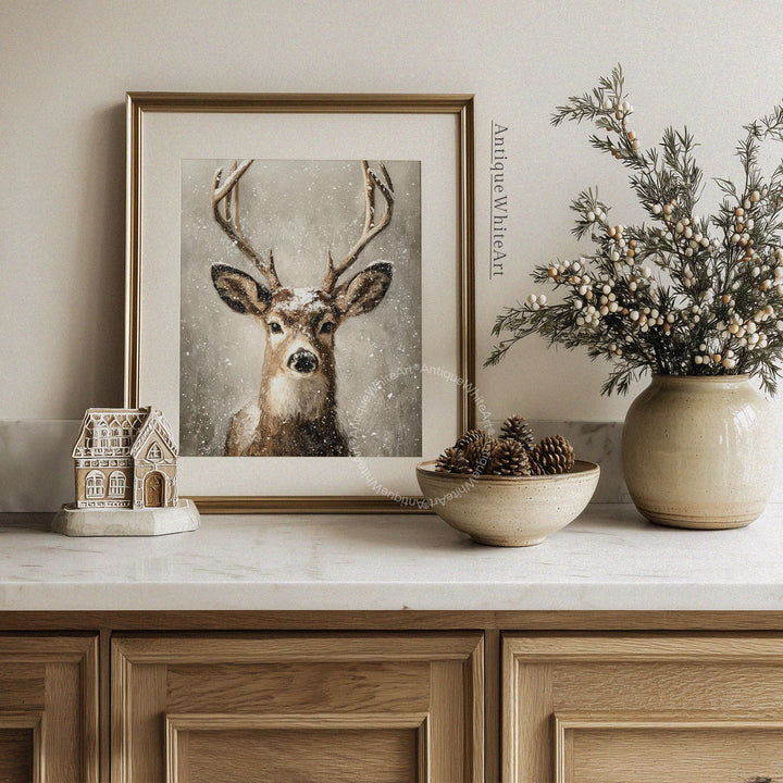 Vintage Style Winter Deer Portrait: Neutral Farmhouse Christmas Art ( ) W186 Print Wall