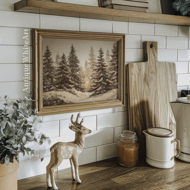 Vintage Style Pine Forest Print: Neutral Christmas Landscape ( ) W193 Print Wall Art
