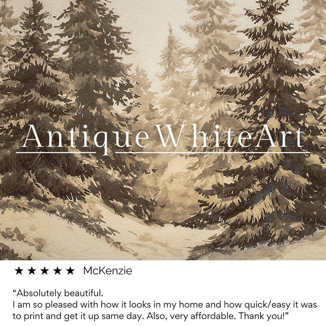 Vintage Style Pine Forest Print: Neutral Christmas Landscape ( ) W193 Print Wall Art