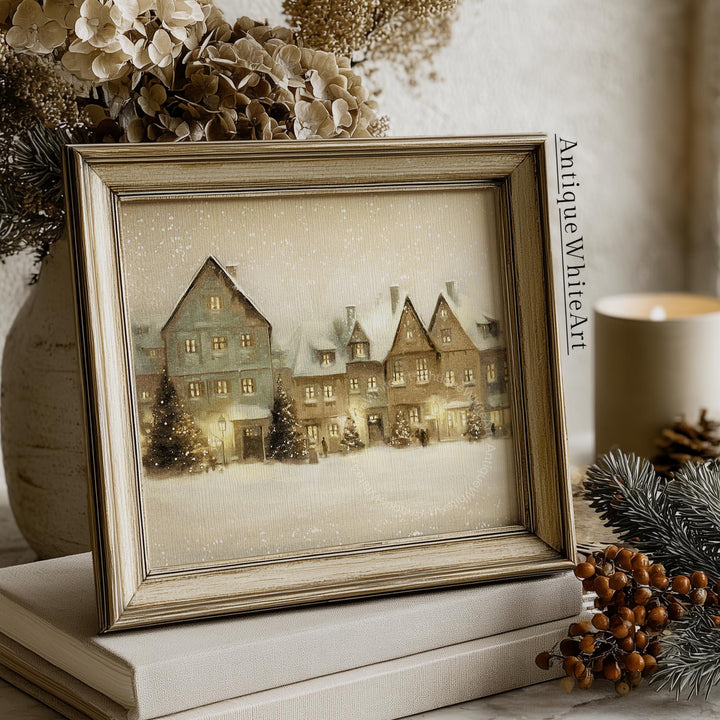 Christmas Village Print: Rustic Snowy Town Scene ( ) W191 Print Wall Art