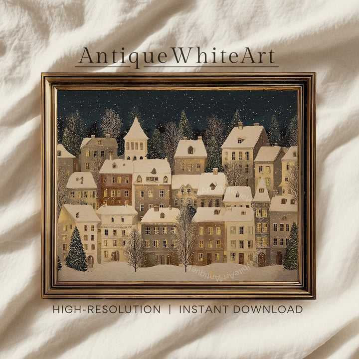 Christmas Village Painting: Snowy Town Holiday Decor ( ) W189 Print Wall Art