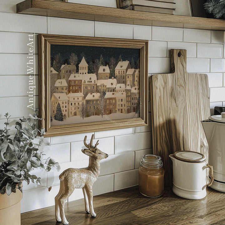 Christmas Village Painting: Snowy Town Holiday Decor ( ) W189 Print Wall Art