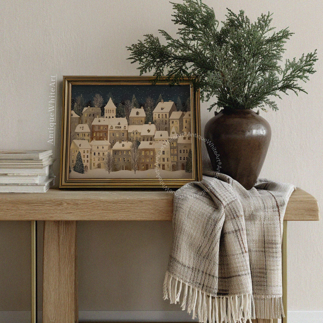 Christmas Village Painting: Snowy Town Holiday Decor ( ) W189 Print Wall Art