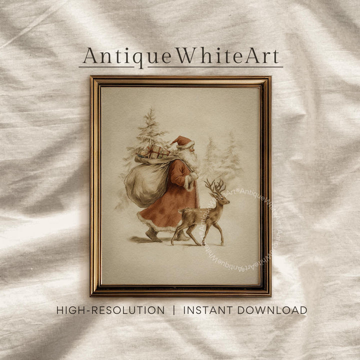Vintage Style Santa and Reindeer Print: Neutral Christmas Decor ( ) W195 Print Wall Art