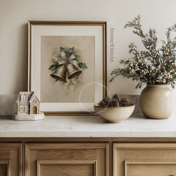 Vintage Style Christmas Bell Drawing: Rustic Holiday Print Festive Wall Decor ( ) W197 Art