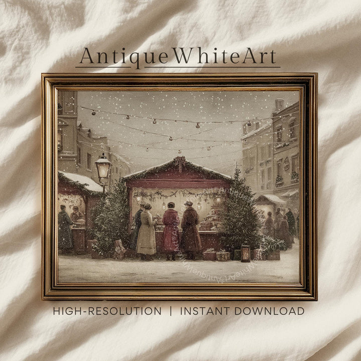Christmas Market Print: Vintage Style Farmhouse Winter Scene ( ) W199 Print Wall Art