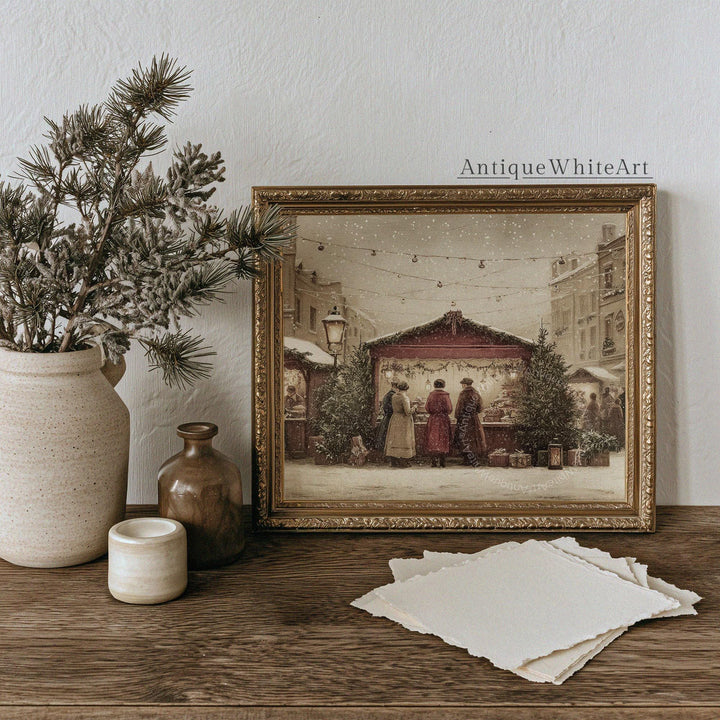 Christmas Market Print: Vintage Style Farmhouse Winter Scene ( ) W199 Print Wall Art
