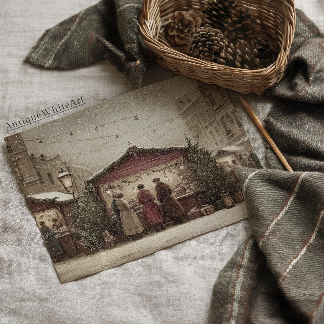 Christmas Market Print: Vintage Style Farmhouse Winter Scene ( ) W199 Print Wall Art