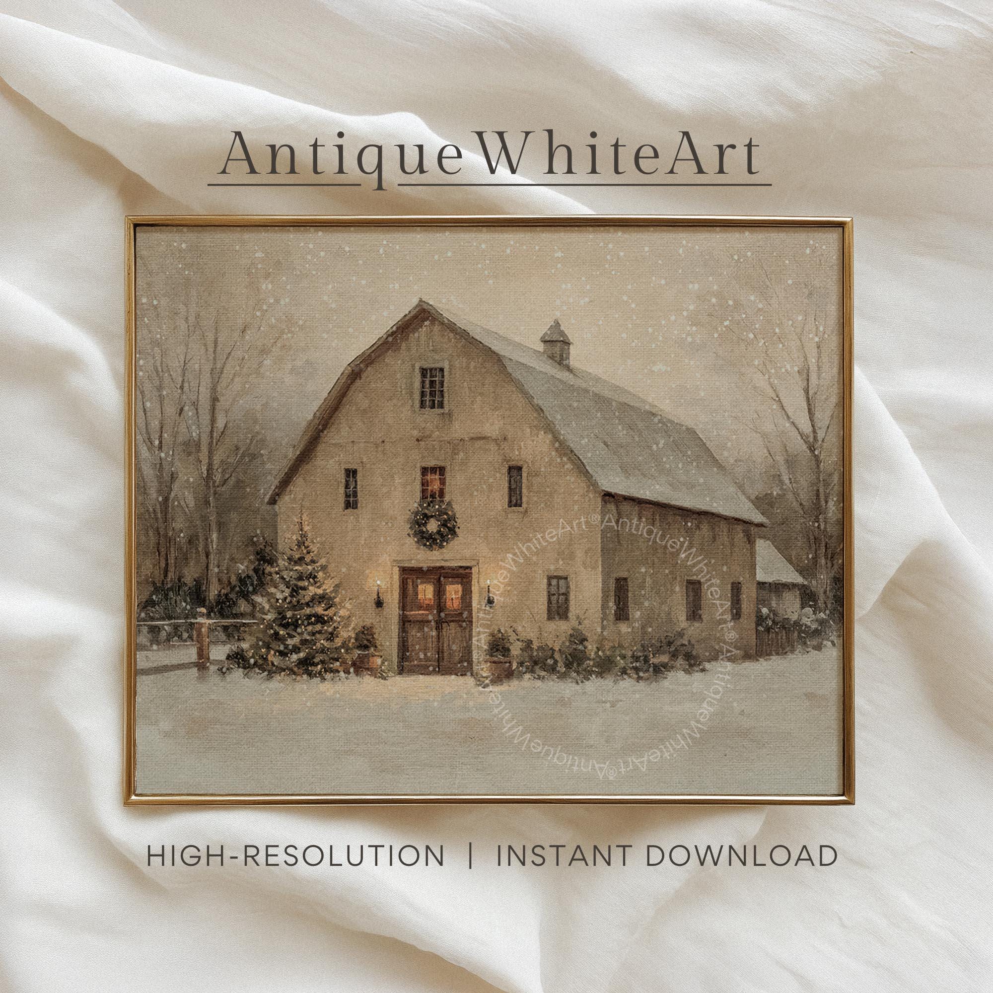 Rustic Barn Christmas Tree Painting: Winter Farmhouse Print ( ) W200 Wall Art