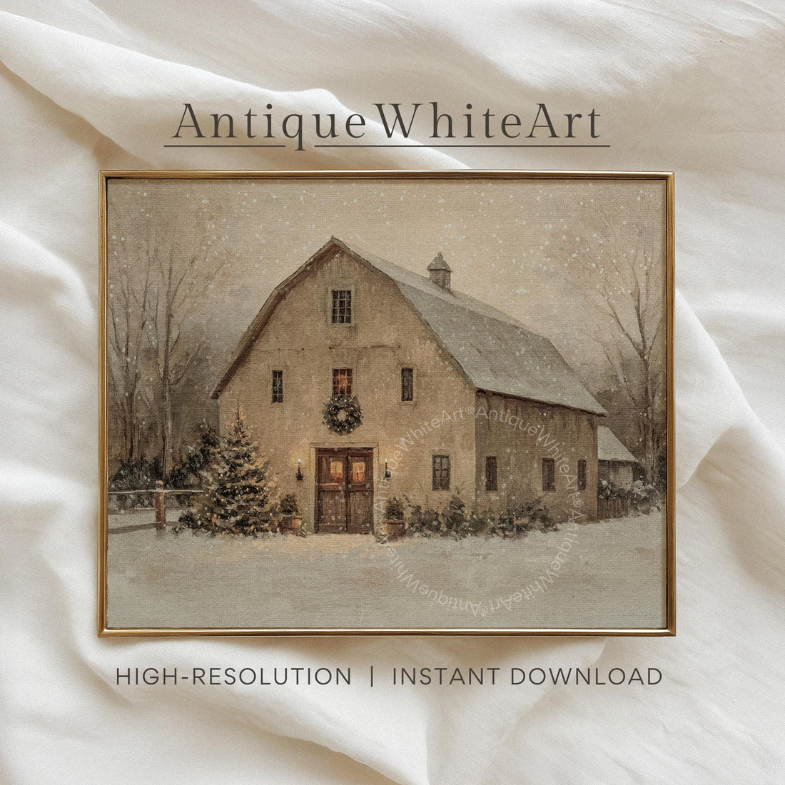 Rustic Barn Christmas Tree Painting: Winter Farmhouse Print ( ) W200 Wall Art