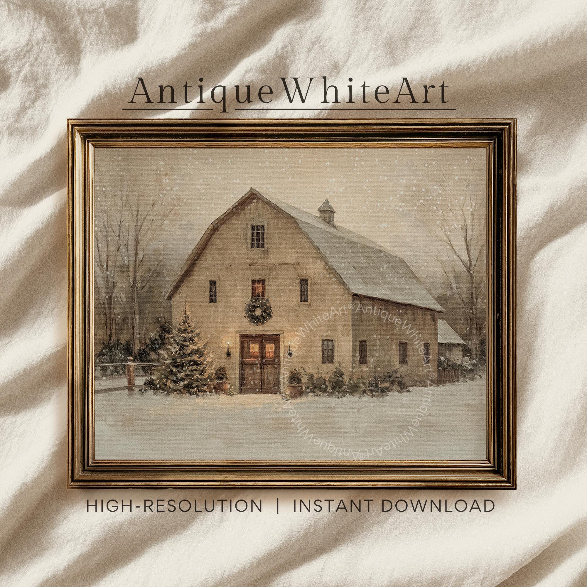 Rustic Barn Christmas Tree Painting: Winter Farmhouse Print ( ) W200 Wall Art