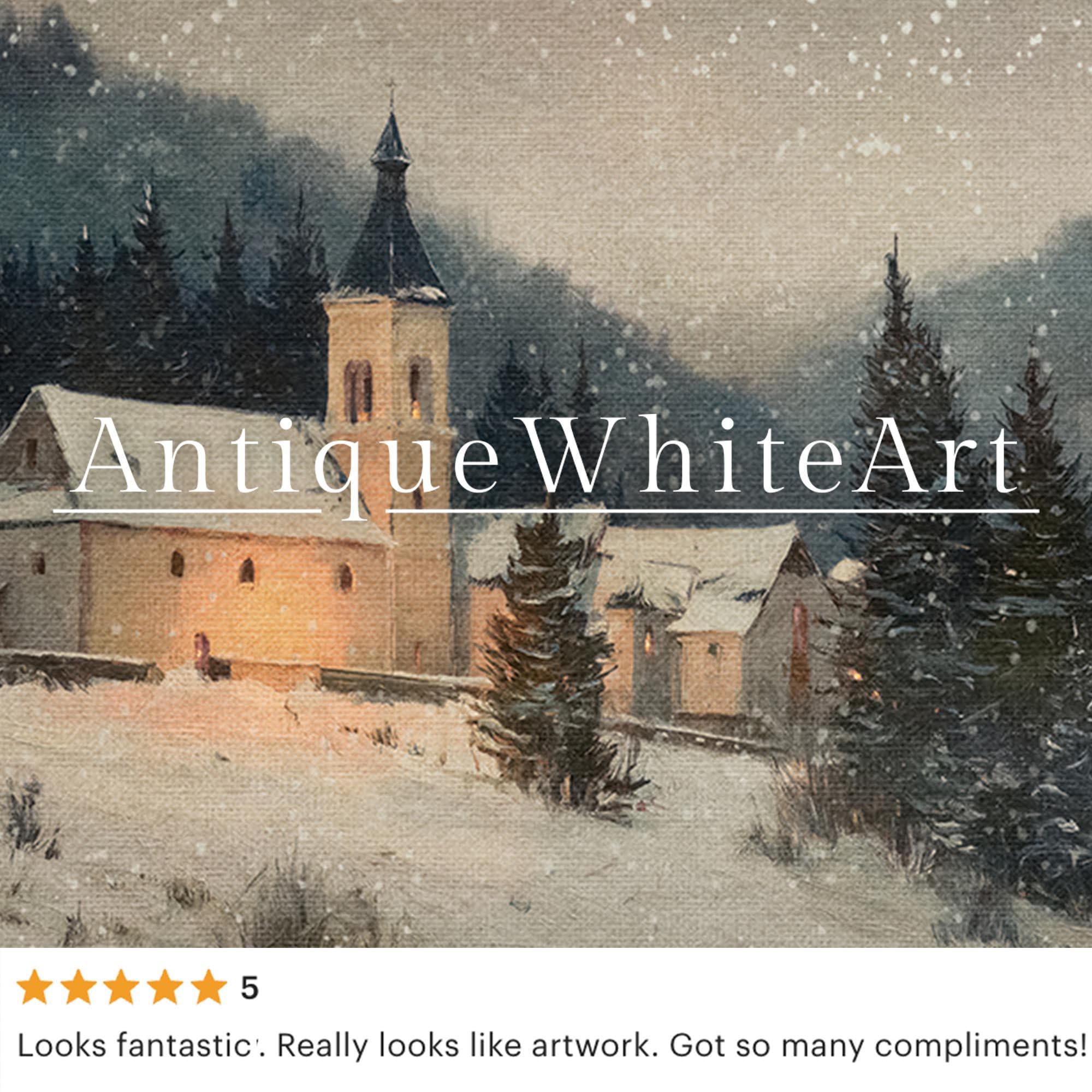 Vintage Style Winter Church Painting: Snowy Christmas Wall Art ( ) W201 Print