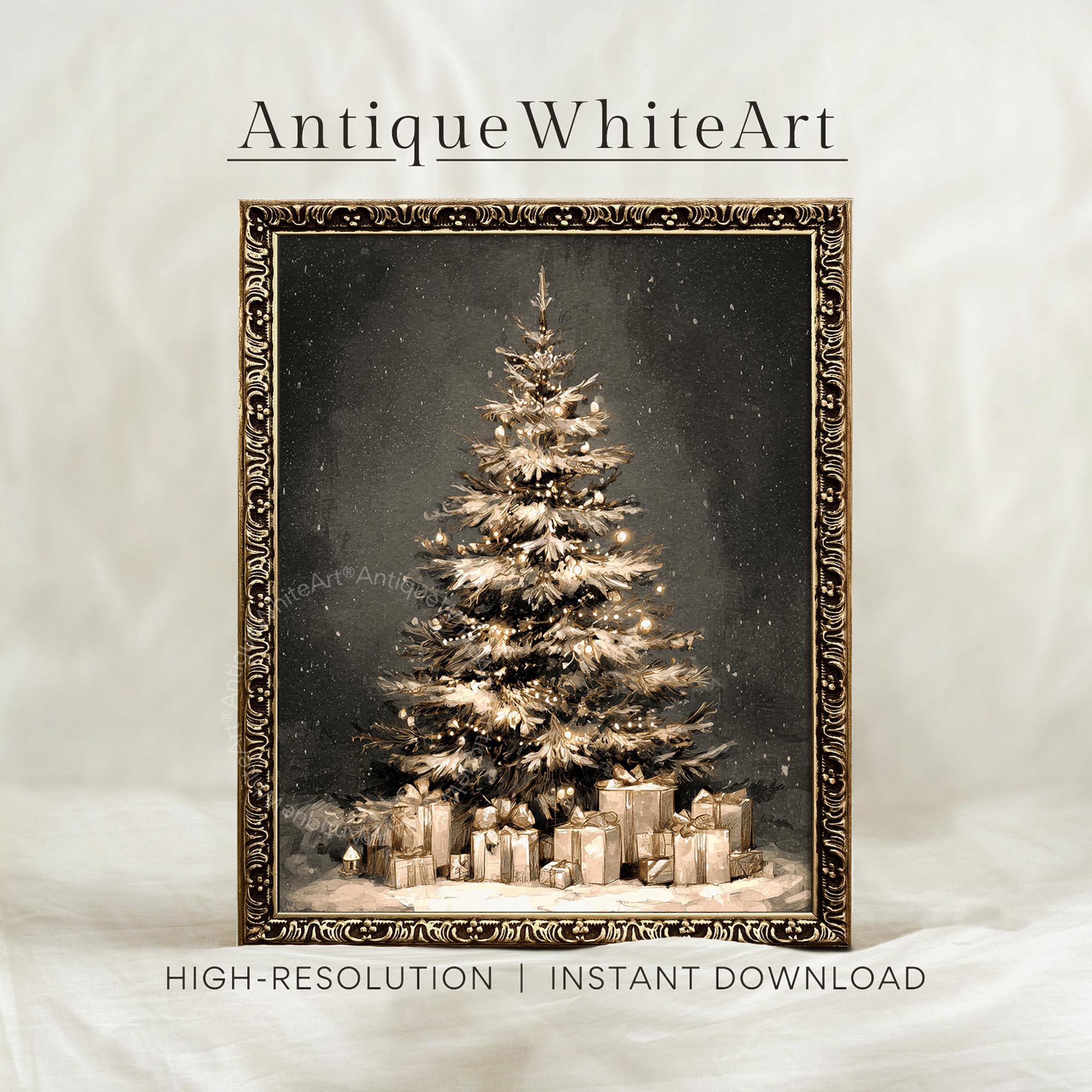 Christmas Tree Painting: Vintage Style Moody Holiday Print W205 Wall Art