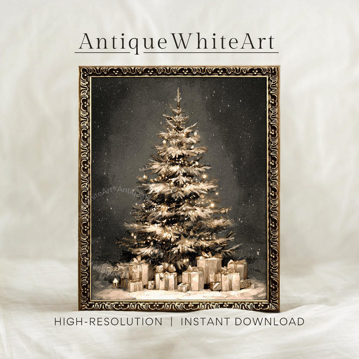 Christmas Tree Painting: Vintage Style Moody Holiday Print W205 Wall Art