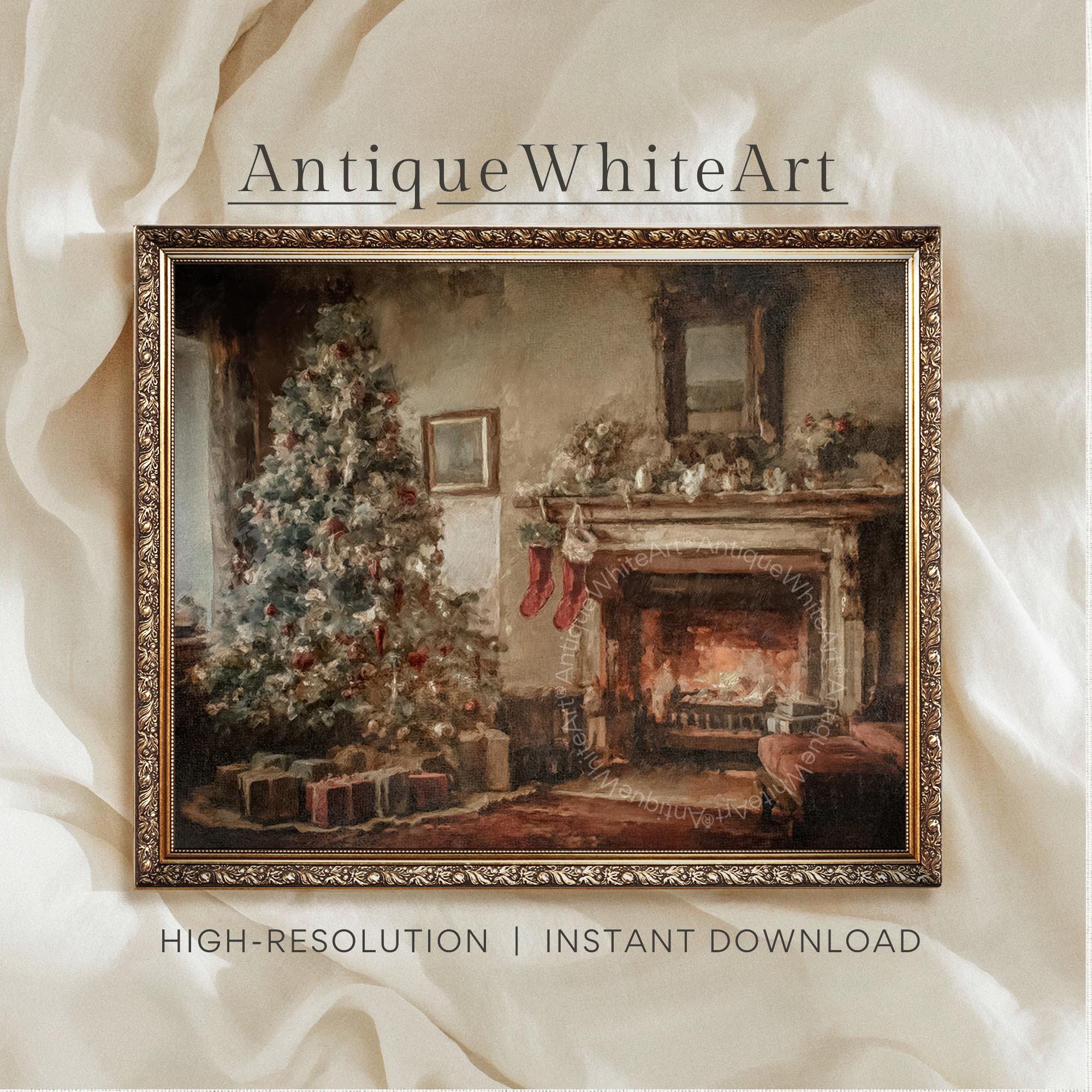 Vintage Style Christmas Tree Print: Cozy Holiday Scene ( ) W215 Print Wall Art