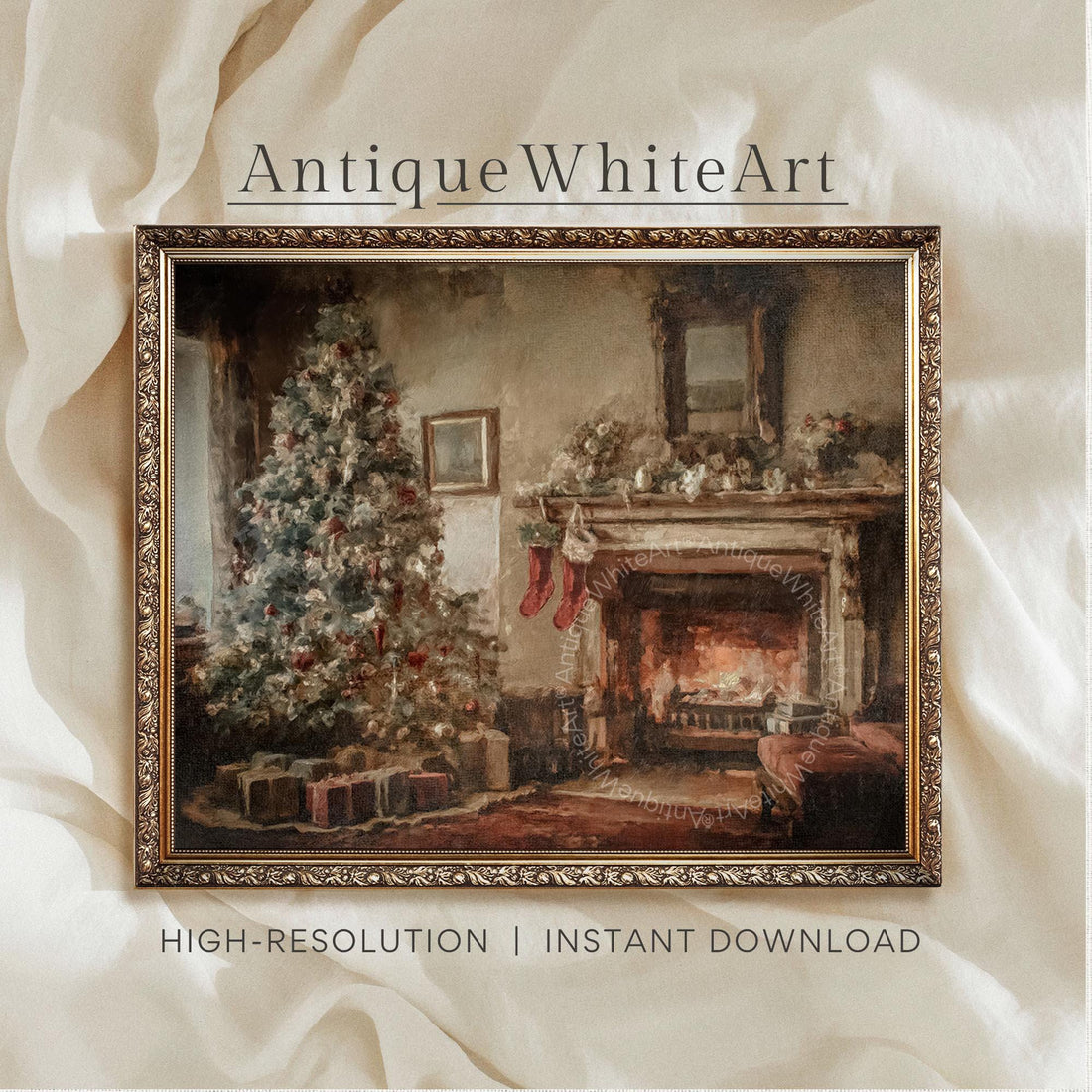 Vintage Style Christmas Tree Print: Cozy Holiday Scene ( ) W215 Print Wall Art